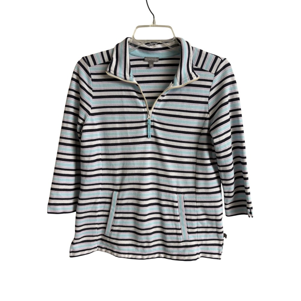 T by Talbots Womens Striped Quarter Zip Pullover Blue White Coastal SP